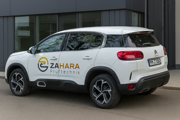 Zahara Prüftechnik – Einsatzfahrzeug vor Gewerbegebäude